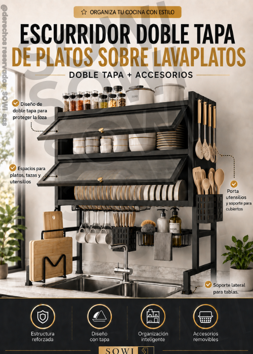 Escurridor de platos de 2 niveles con tapas y accesorios