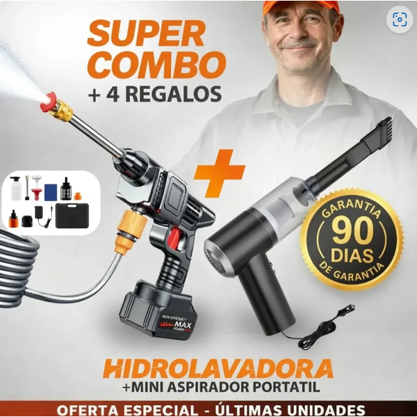 Hidrolavadora Portátil Recargable 2 Baterías 48V + Aspiradora Vacum 3 en 1 TurboJet™